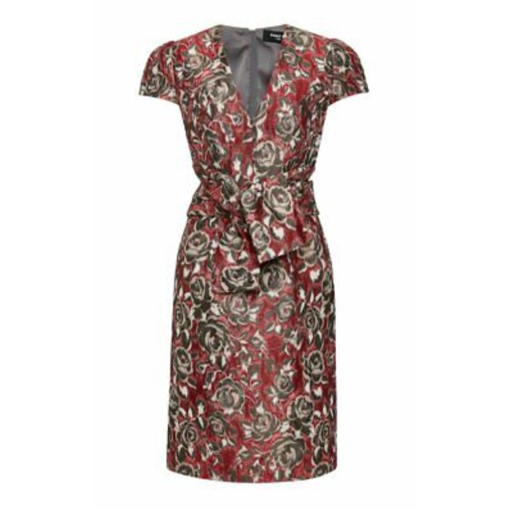PAULE KA red/grey Metallic Floral Jacquard Dress